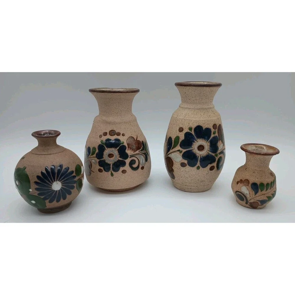 Tonala Sandstone Pottery Mexico Vases Floral Lot Of 4
